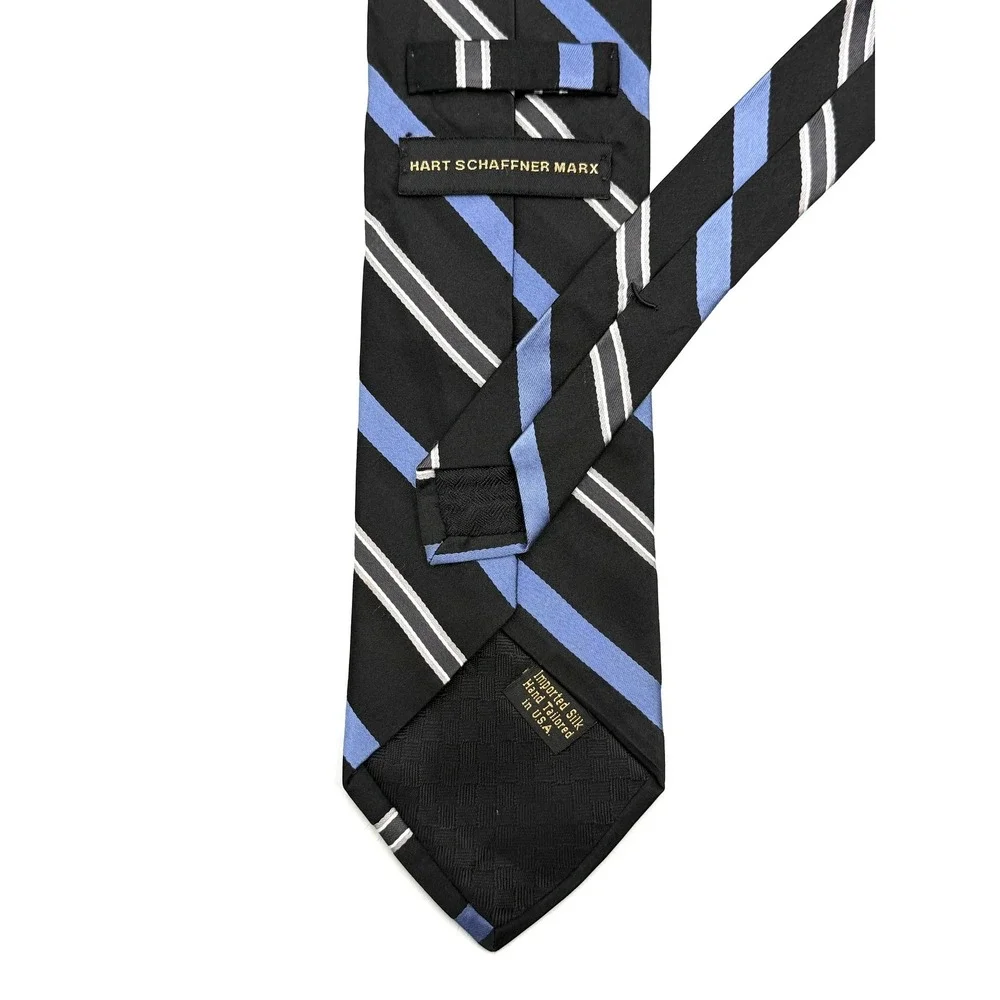 Hart Schaffner Marx Necktie Mens Black Blue Striped 100% Silk USA‎ Long 61